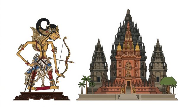 Javanese Wayang Kulit Shadow Puppet and Ancient Temple Illustration