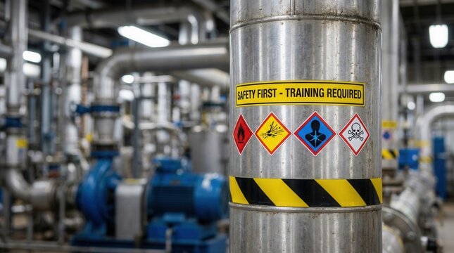 A closeup showing colorcoded hazard labels and safety signage in a chemical plant to highlight adherence to training standards and workplace safety.