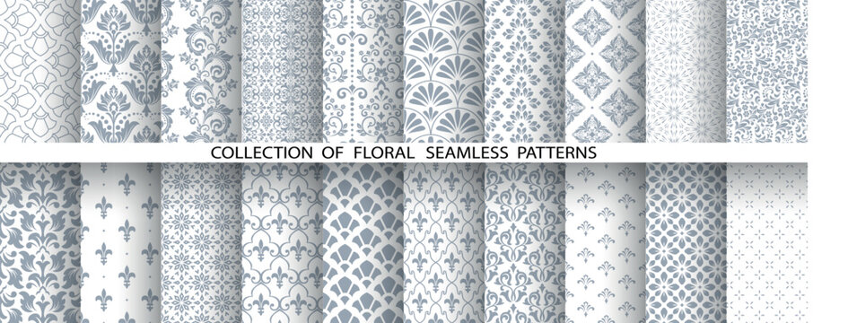 Geometric floral set of seamless patterns. White and gray vector backgrounds. Damask graphic ornaments