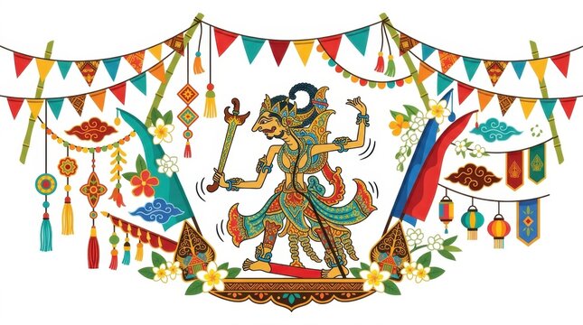 Indonesian wayang kulit character with festive decorations
