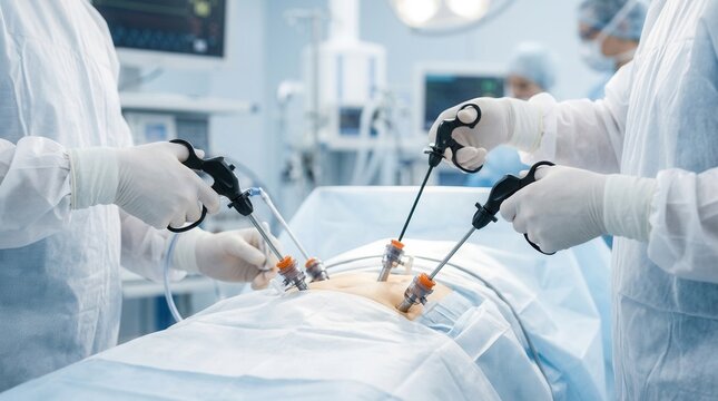 Professional surgical team in an operating room during a laparoscopic procedure