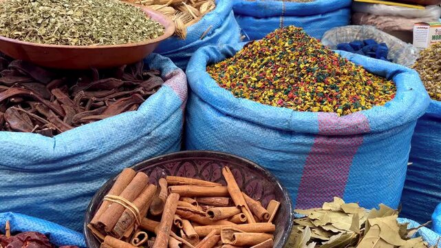 Colorful Spices Displayed at a Traditional Souk in Agadir, Morocco