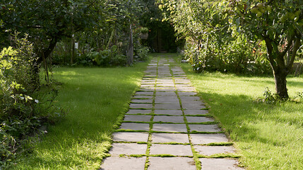 Obraz premium A peaceful stone pathway winding through a lush green garden filled with trees and grass on a bright sunny day in a serene natural escape