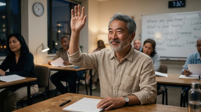 Evening community ESL classroom scene featuring an adult immigrant student hesitantly raising hand as the teacher waits patiently.