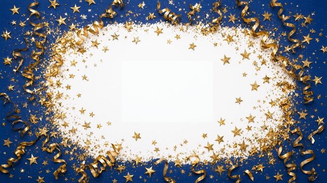 Golden Confetti Star Frame on Blue Celebration Background