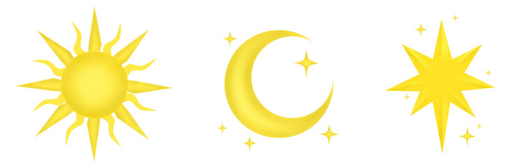 Hand drawn yellow celestial element set featuring a radiant sun, crescent moon, and pointed star with small sparkling accents, suitable for decorative designs, celestial themes, greeting cards, poster © Riza 