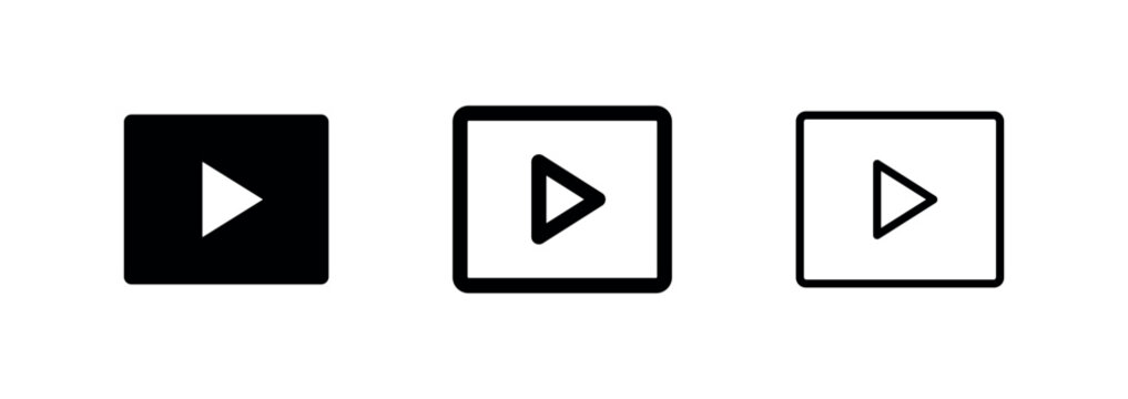 Square play button icons in solid, outlined, and thin outlined styles, commonly used for video and audio playback.