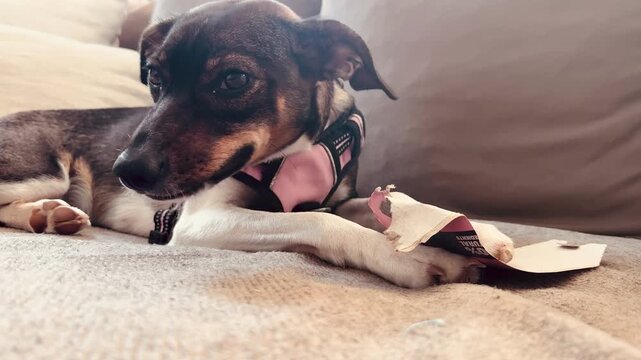 Close-Up Video of Dog Chewing Cardboard Package