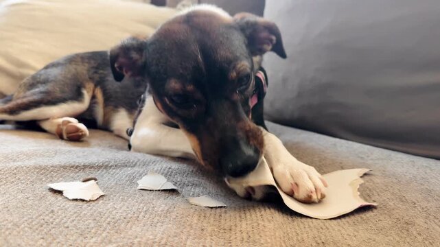 Close-Up Video of Dog Chewing Cardboard Package