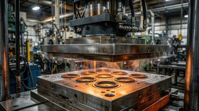 Precision rubber gaskets being shaped via compression molding with preforms in a heated metal press.