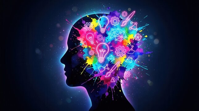 Creative symbols reflecting innovative ideas and artistic expression within a human head silhouette in a futuristic design