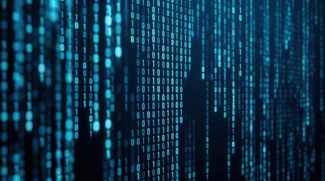 Varying opacity digits and binary code cascading on a dark background with a cool ambient glow for technical cybersecurity awareness campaigns.
