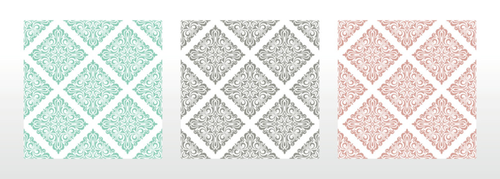 Wallpapers in the style of Baroque.. Set of colored floral ornaments. Seamless vector backgrounds Graphic patterns for fabric, wallpaper, packaging. Ornate Damask flower illustration