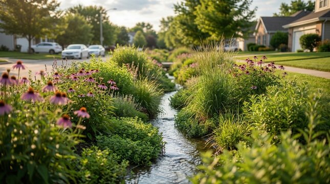 Stormwater runoff being managed by ecofriendly plants in a suburban environment bioswale