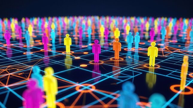 Colorful figures on a digital grid depicting the importance of personalized marketing strategies and diverse customer insights in a modern setting