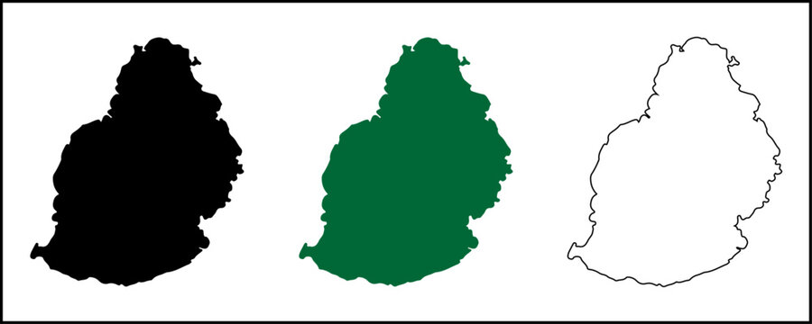 Mauritius Map Vector Silhouette with Black Outline and Satellite Style, Geographic Island Map Isolated on White Background