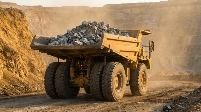 A big yellow mining truck for gold ore operating in an open pit mine industry setting.