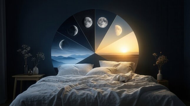 Cinematic infographic-style scene highlighting the 24-hour circadian rhythm cycle, including melatonin release, cortisol peaks, and windows for sleep and productivity.