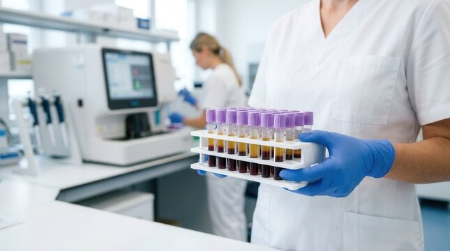 Medical laboratory technician in lab presenting blood sample tubes rack for clinical diagnostics and testing with analyzer