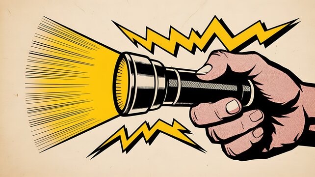 Hand holding a flashlight with a light beam and yellow lightning bolts, halftone collage style 