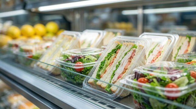 Prepackaged fresh salads and sandwiches presented in a refrigerated glass display case.