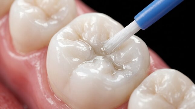 Clinical closeup showing a dental sealant application on a molar tooth
