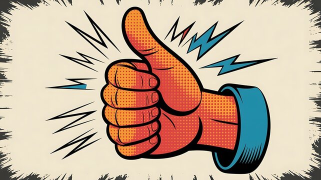 Hand making a thumbs-up gesture with halftone dot texture, distressed edges, and lightning bolts in pop art style 