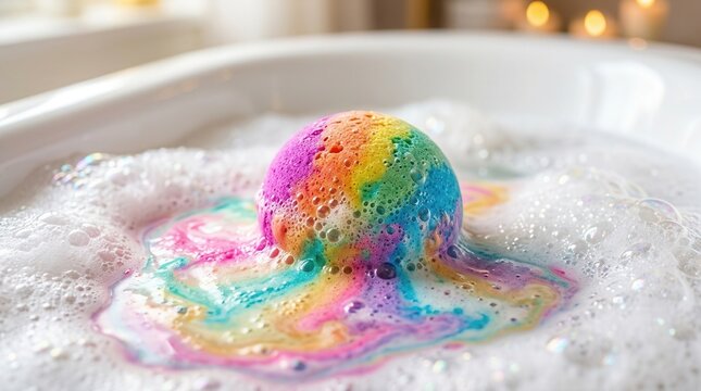 Relaxing bubble bath background with a colorful and effervescent bath bomb