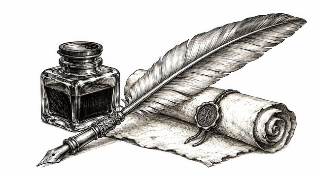 Vintage quill pen with ink bottle and parchment scroll engraving sketch writing illustration on white background