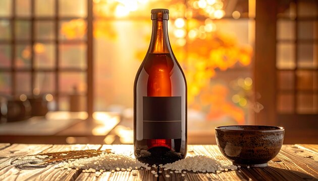 伝統的な酒蔵の木造建築を背景にした、日本酒のボトルとお猪口。酒米と美しい水、地酒のPRカット。