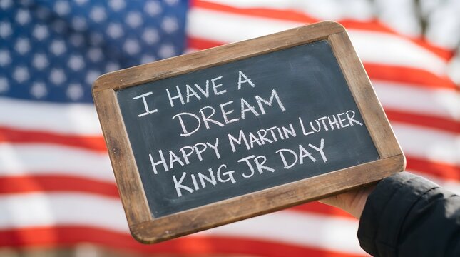 Hand holding a chalkboard with martin luther king jr day message in front of an american flag
