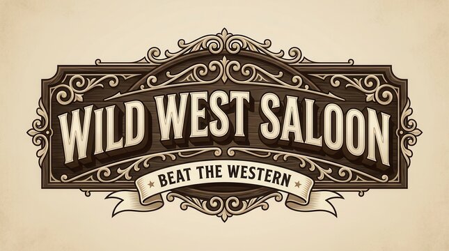 Decorative elements and bold typography adorning a vintage Wild West saloon sign