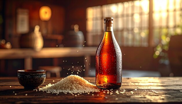 伝統的な酒蔵の木造建築を背景にした、日本酒のボトルとお猪口。酒米と美しい水、地酒のPRカット。