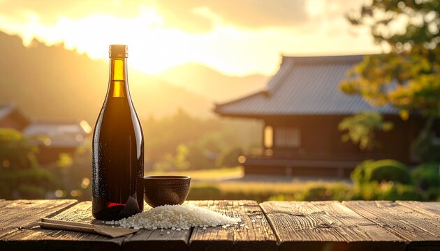 伝統的な酒蔵の木造建築を背景にした、日本酒のボトルとお猪口。酒米と美しい水、地酒のPRカット。