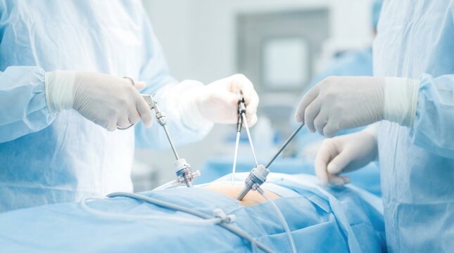 Professional surgeons in operating room performing laparoscopic surgery