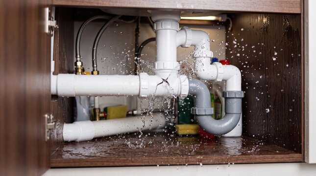 Burst Drain Pipe Spraying Water Under Kitchen Sink
