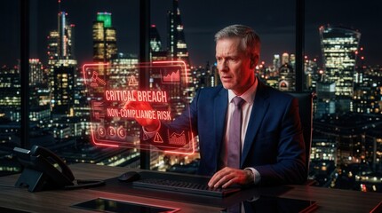 Fototapeta premium Modern office setting after dark where a man in a suit manages compliance risks and penalty alerts on a holographic display.