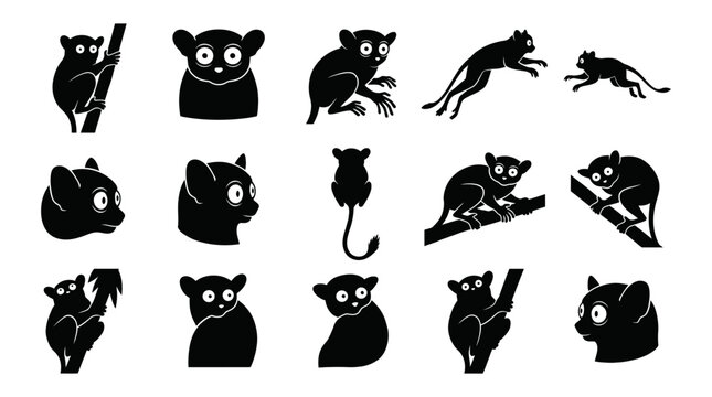 Collection of black lemur silhouettes depicting various poses against a white background primate prosimian madagascar