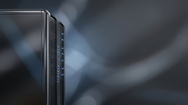 Black computer server tower with glowing blue status lights against a blurred dark technological background