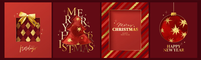 Obraz premium Set of Merry Christmas, Happy New Year cards with red watercolor texture, golden foil stars, sparkles, rhombs. Christmas tree, bauble, geometric pattern. Luxury shiny holiday festive design. 