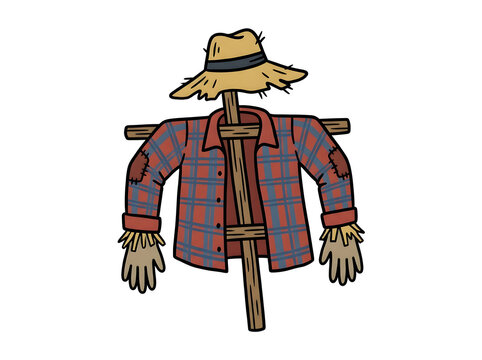Vector scarecrow with straw hat illustration, fall harvest protection figure