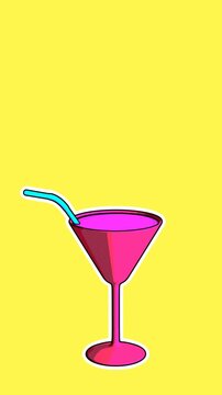 Seamless funny vertical video of sketch drink cup isolated with copy space.Cocktail comic video loop. summer cartoon concept backdrop.