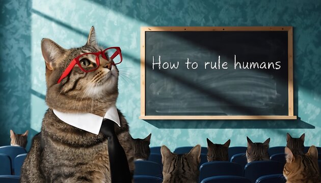 Tabby cat teacher wearing glasses and tie in classroom with chalkboard text How to rule humans