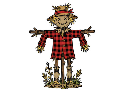 Vector scarecrow with straw hat in field, detailed autumn farm decor