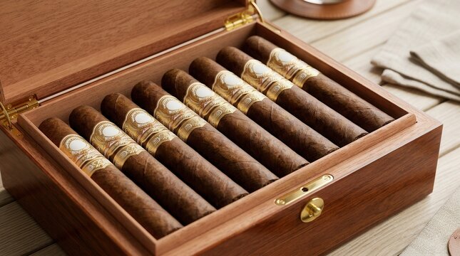 An open wooden box on a table with a premium selection of cigars with bands