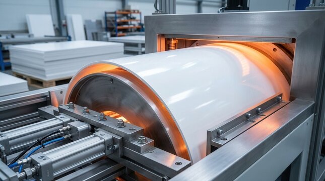 A medium shot focusing on smooth curved surfaces forming on laminated appliance panels during the thermoforming process.