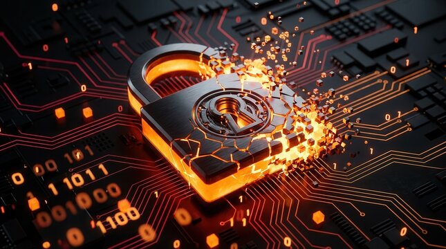 Data privacy vulnerability and hacking attack shown as a glowing digital padlock breaking into tiny cubic fragments over a complex circuit board background in a cyber security breach