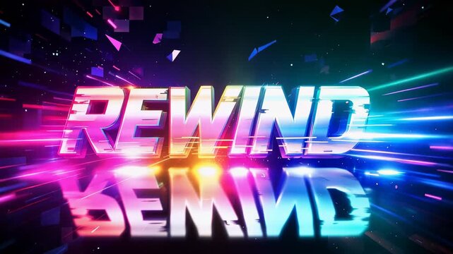 Rewind text with bright neon light trails and retro motion effect on dark background