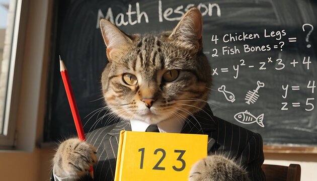 Funny cat teacher in a suit holding a pencil and book in front of a math chalkboard