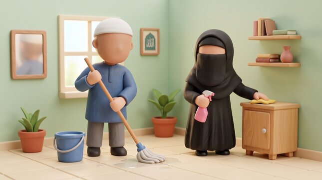 Cute 3D Cartoon Muslim Couple Cleaning House, Faceless Clay Style Illustration